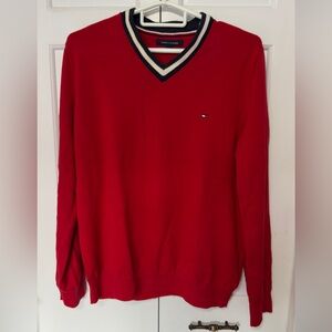 Tommy Hilfiger Red V-Neck Sweater with Contrast Stripe. Size L. GUC.